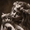 Tapis persan figuratif noué à la main de Tabriz représentant une fille et un chat