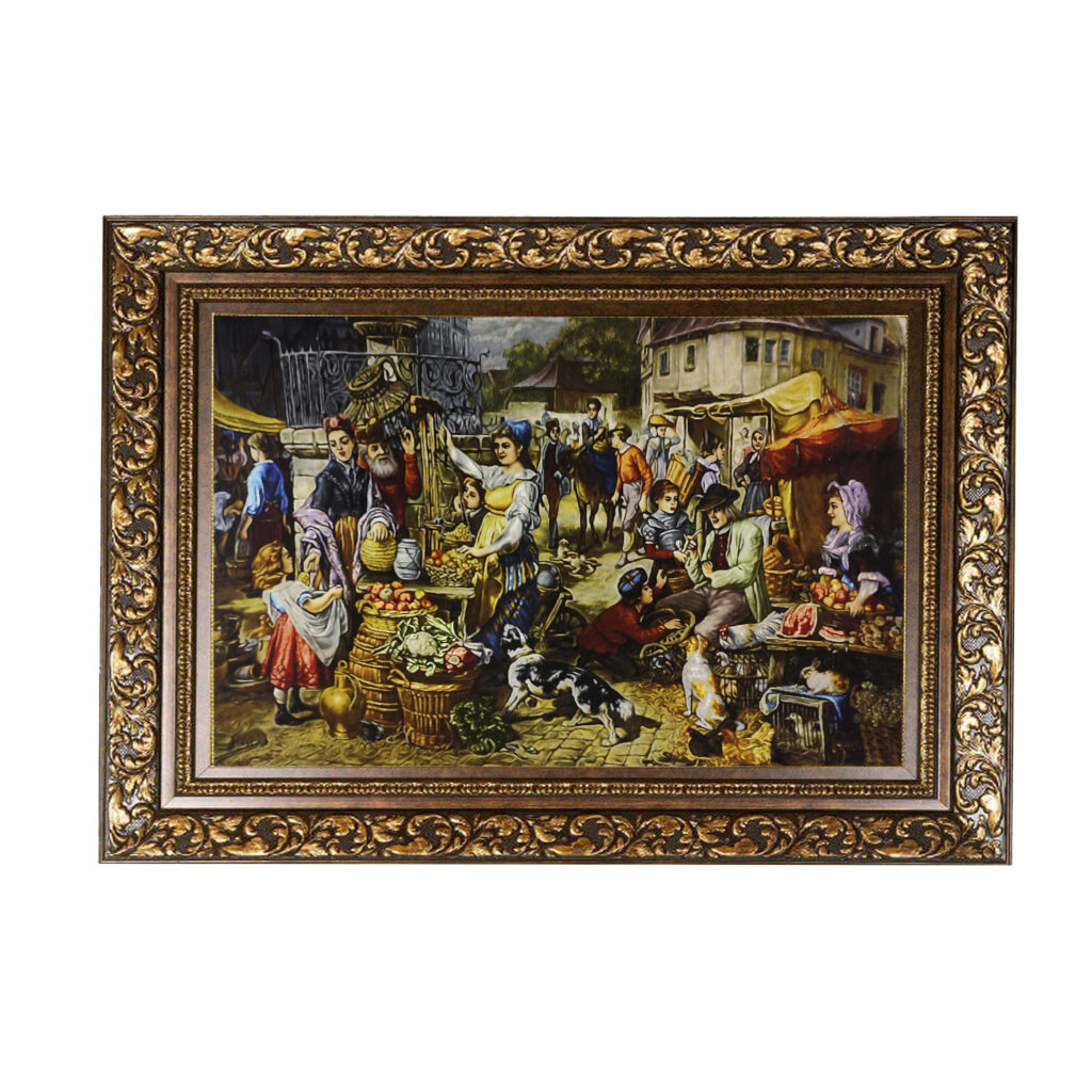 Tapis persan figuratif noué à la main de Tabriz représentant un marché aux fruits