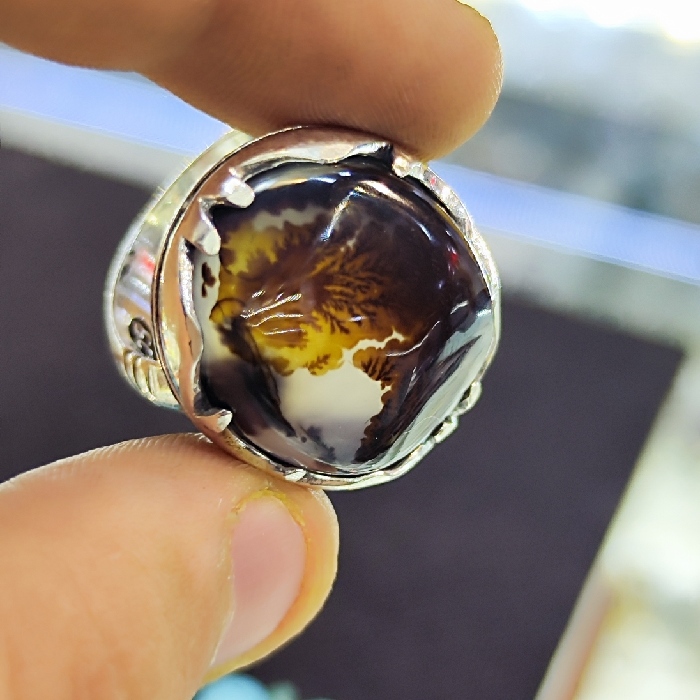 Bague en argent avec agate dendritique persane Shajar pour homme – Modèle Fardin