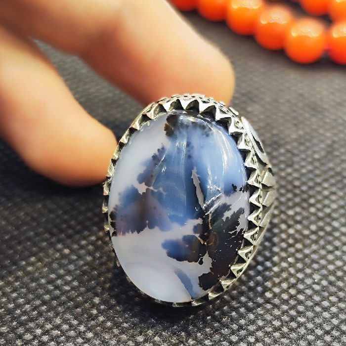 Bague en argent avec agate dendritique persane Shajar pour homme – Modèle Fatima