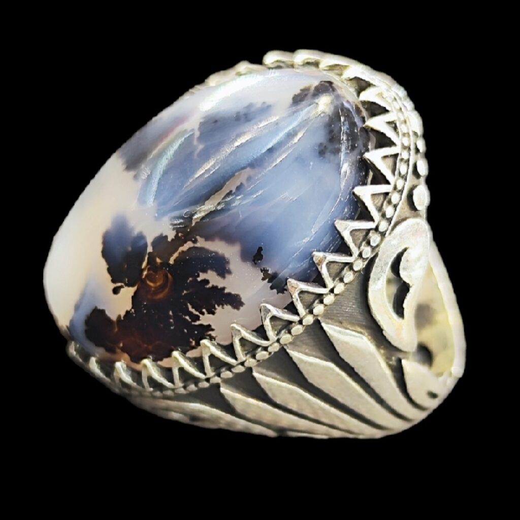 Bague en argent avec agate dendritique persane Shajar pour homme - Modèle Fatima