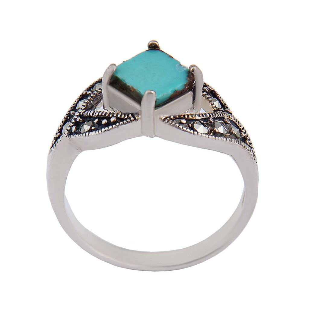 Bague en Argent Persan Faite Main Plaqué Rhodium pour Femme avec Turquoise de Neyshabur
