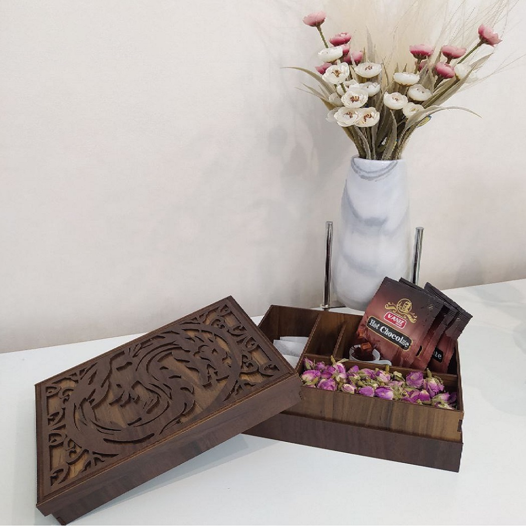 Boîte organisatrice en bois pour sachets de thé 4 compartiments avec sous-verres