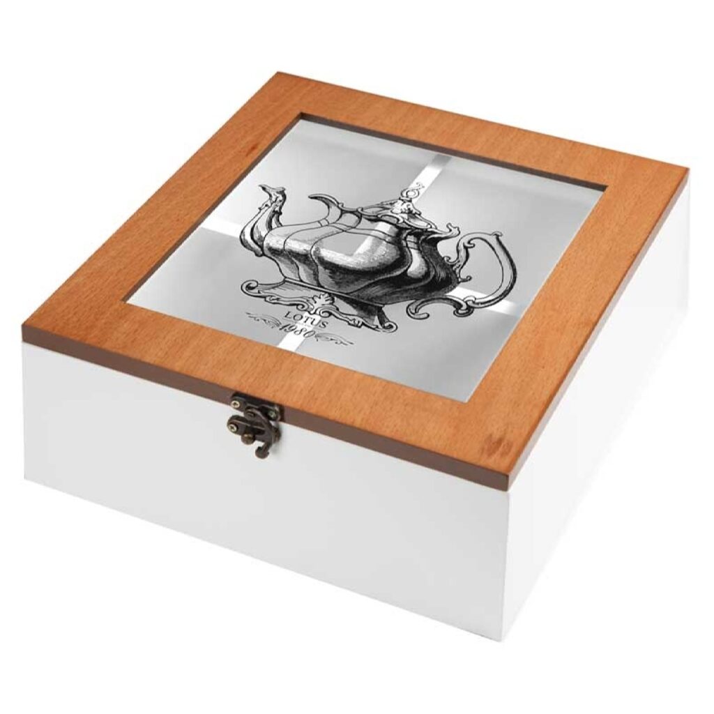 Boîte organisatrice en bois pour sachets de thé 4 compartiments avec couvercle transparent