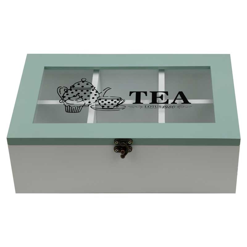 Boîte organisatrice en bois pour sachets de thé 6 compartiments Turquoise et blanc