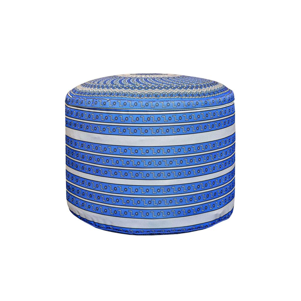 Pouf rond artisanal avec tissu blanc & bleu
