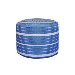 Pouf rond artisanal avec tissu blanc & bleu