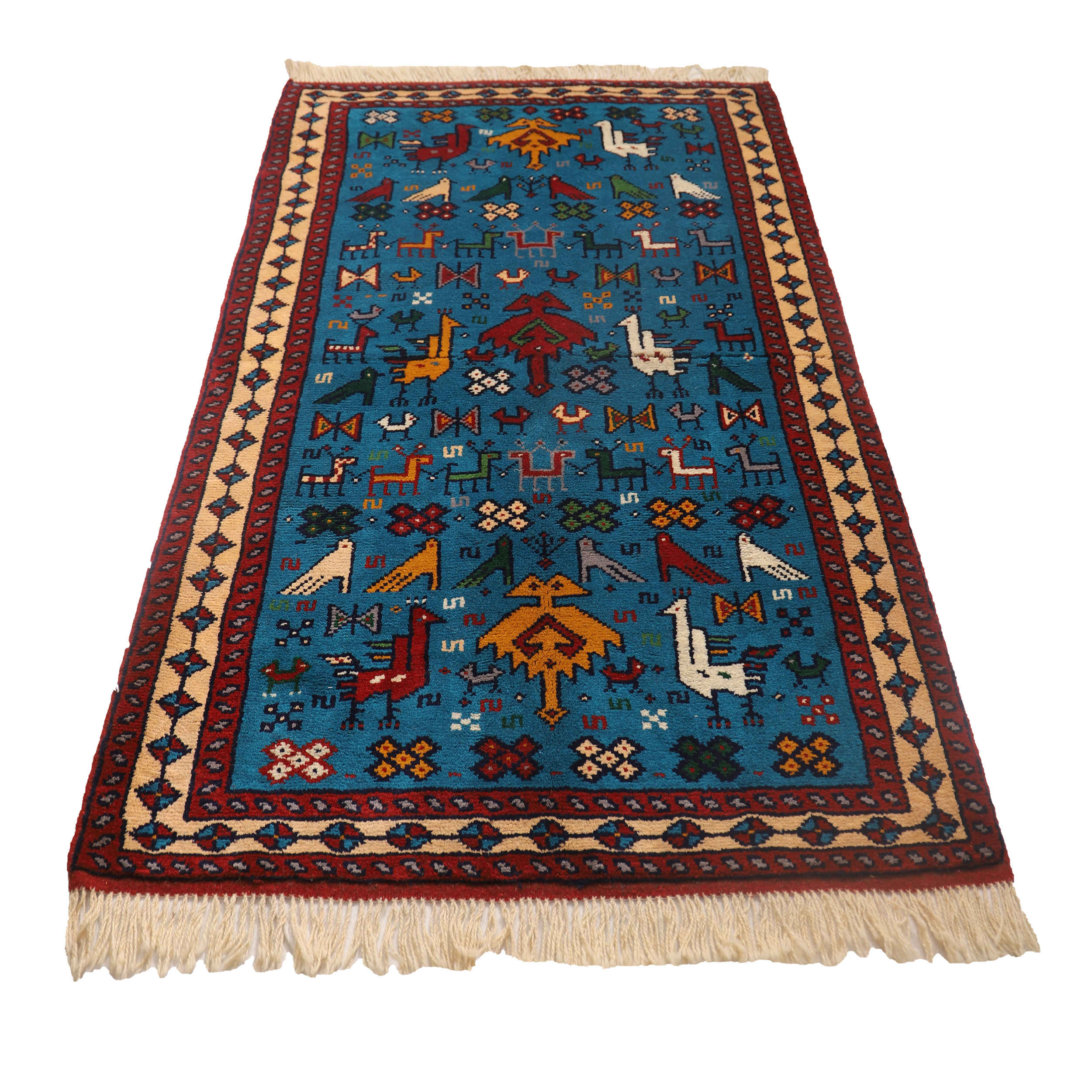 Tapis persan authentique en laine noué à la main à Khorasan motifs animaliers bleu