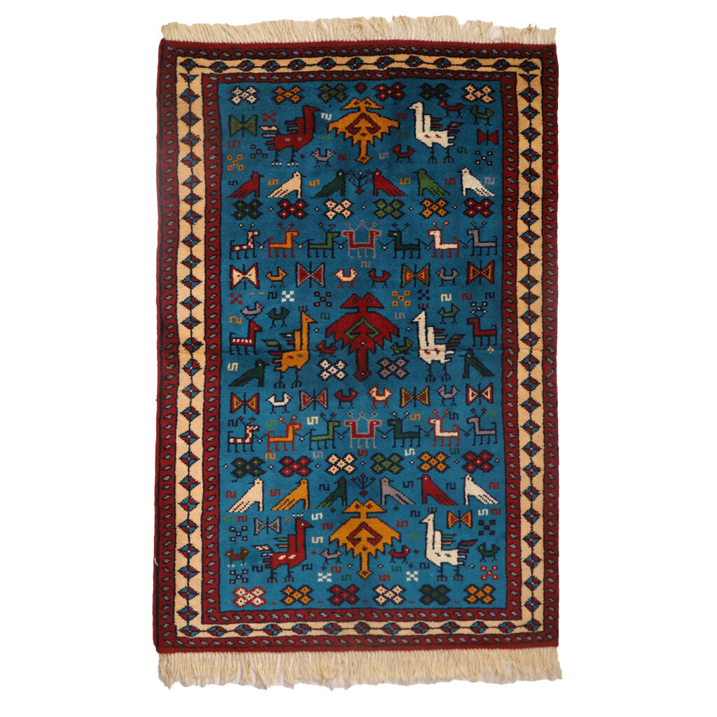 Tapis persan authentique en laine noué à la main à Khorasan motifs animaliers bleu