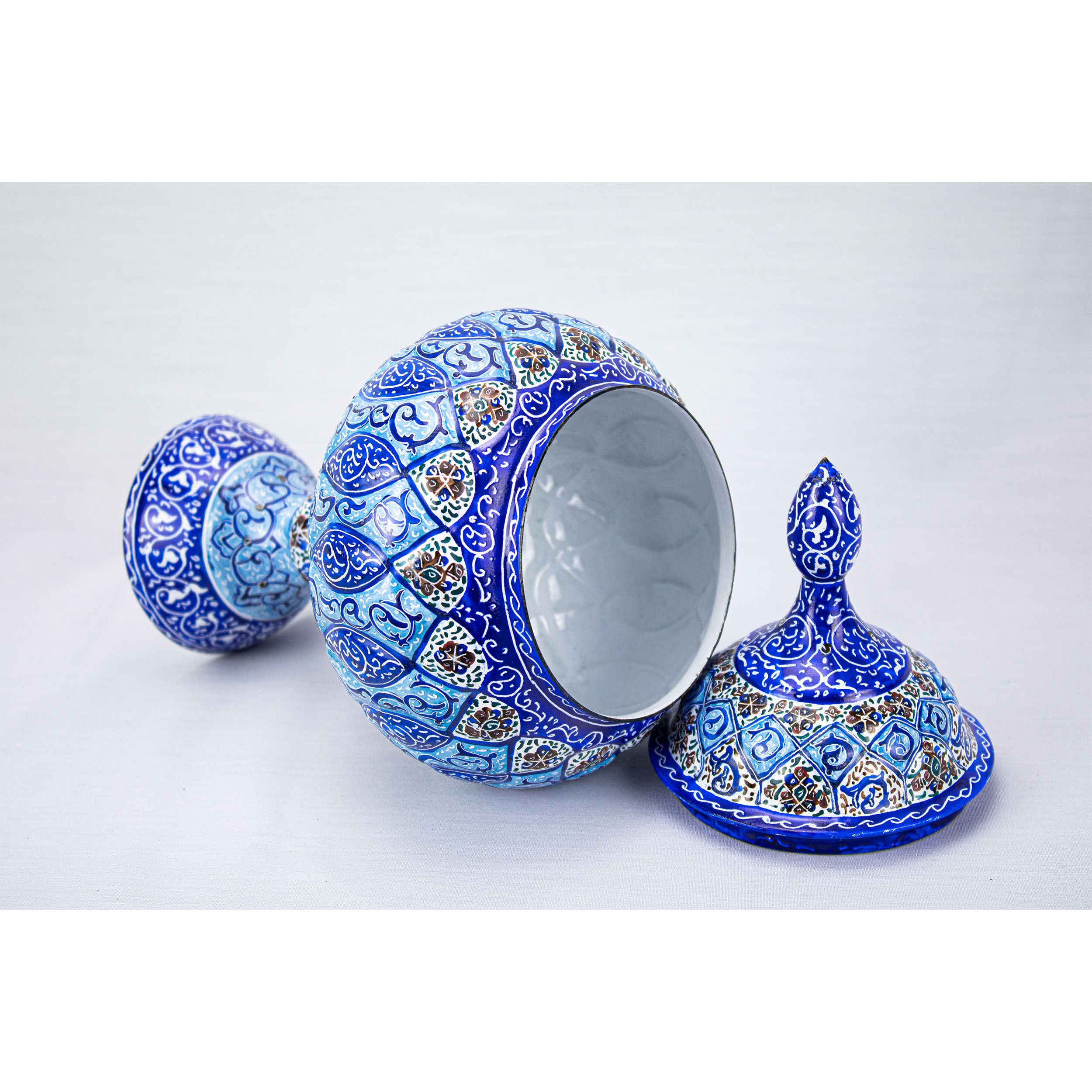 Sucrier persan artisanal en cuivre avec couvercle – Émail Minakari