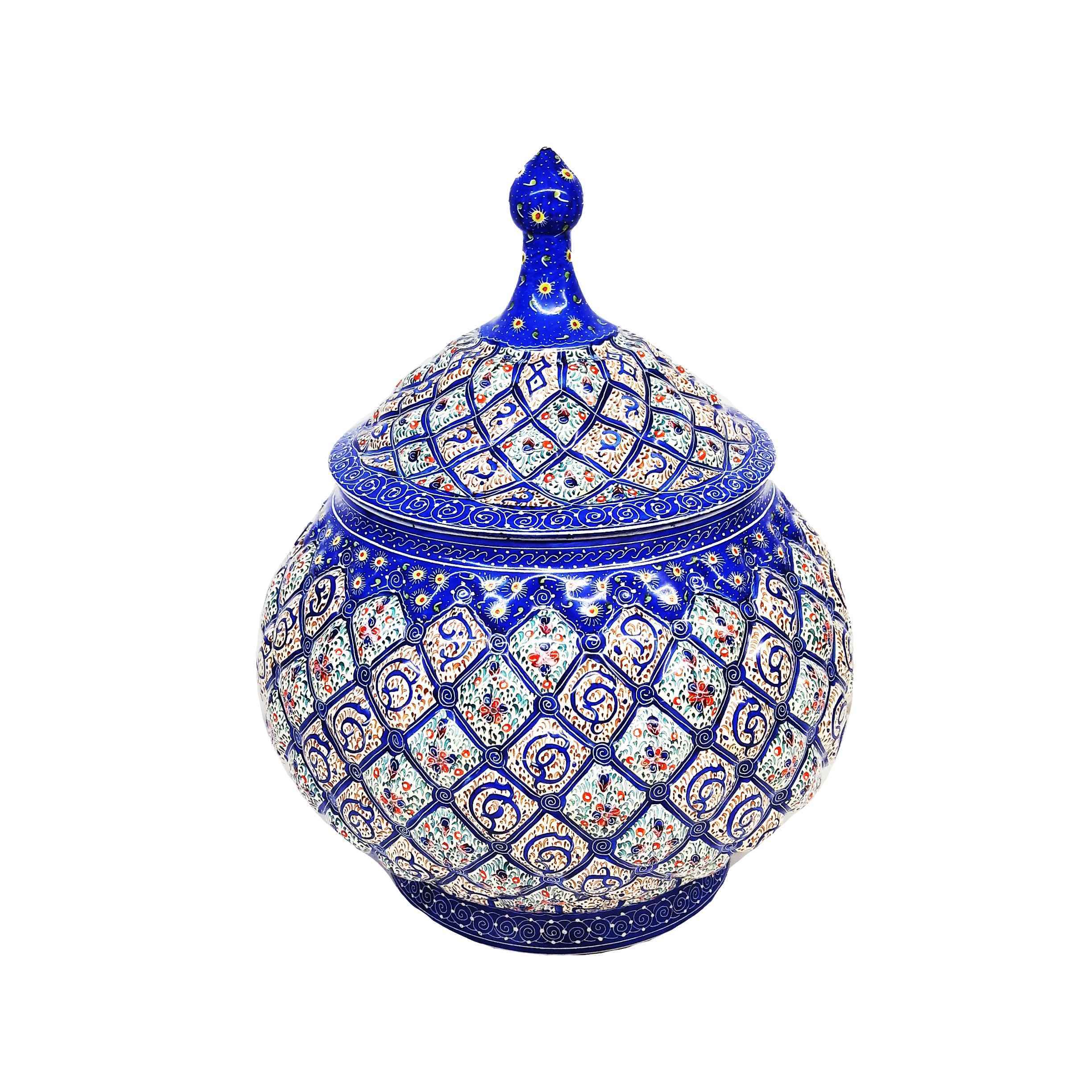Sucrier persan artisanal en cuivre avec couvercle - Émail Minakari Bleu