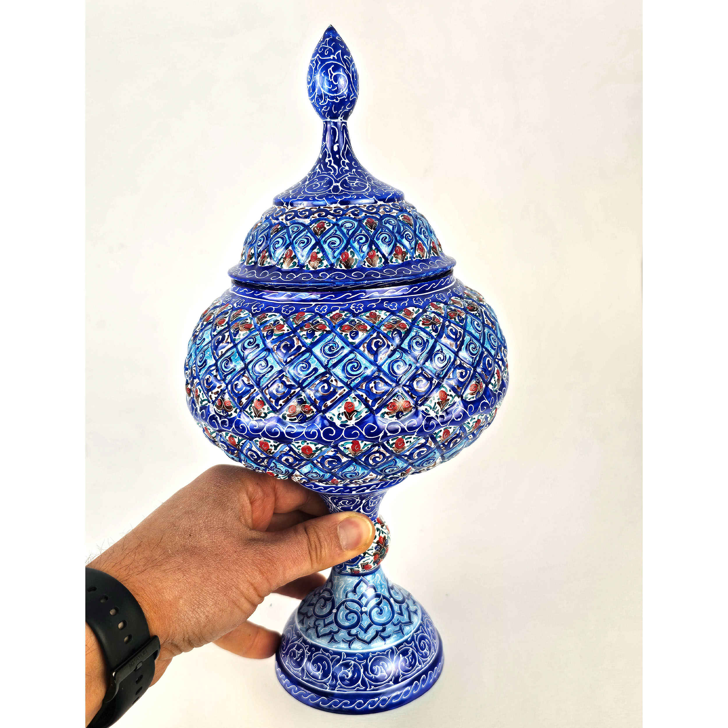 Sucrier persan artisanal en cuivre avec couvercle – Émail Minakari Eslimi