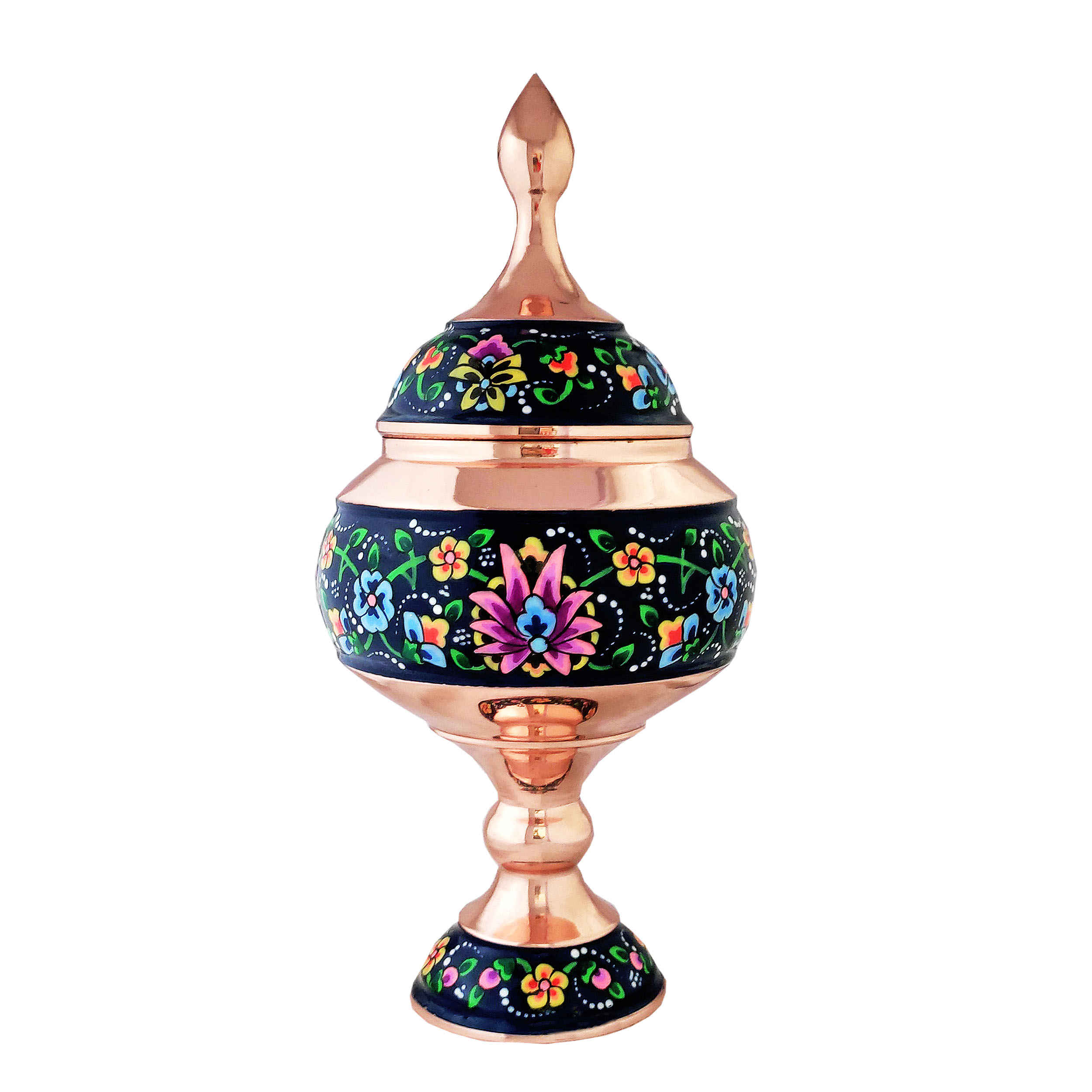 Sucrier persan artisanal en cuivre avec couvercle - Émail Minakari Floral