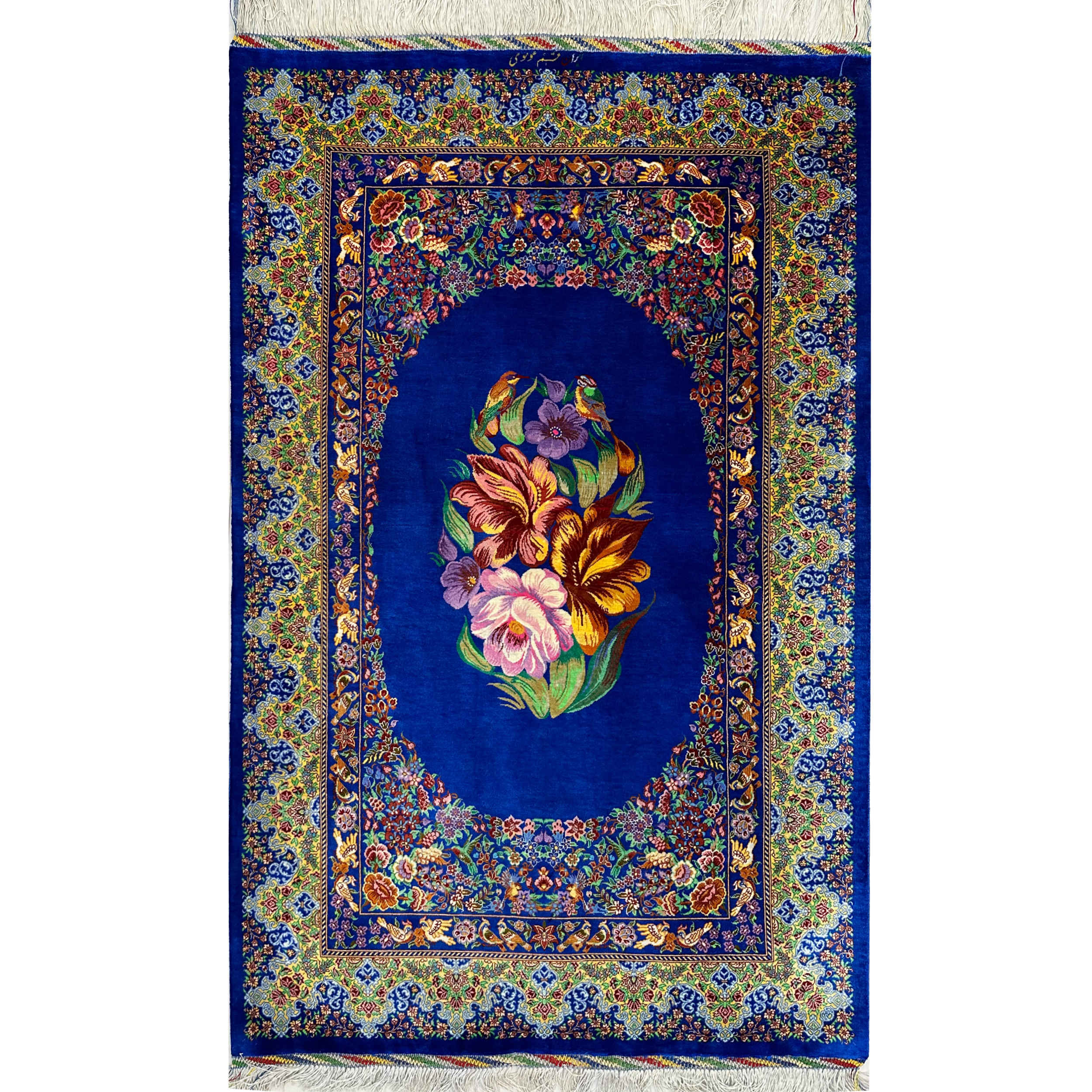 Tapis persan authentique en soie noué à la main à Ghom floral bleu