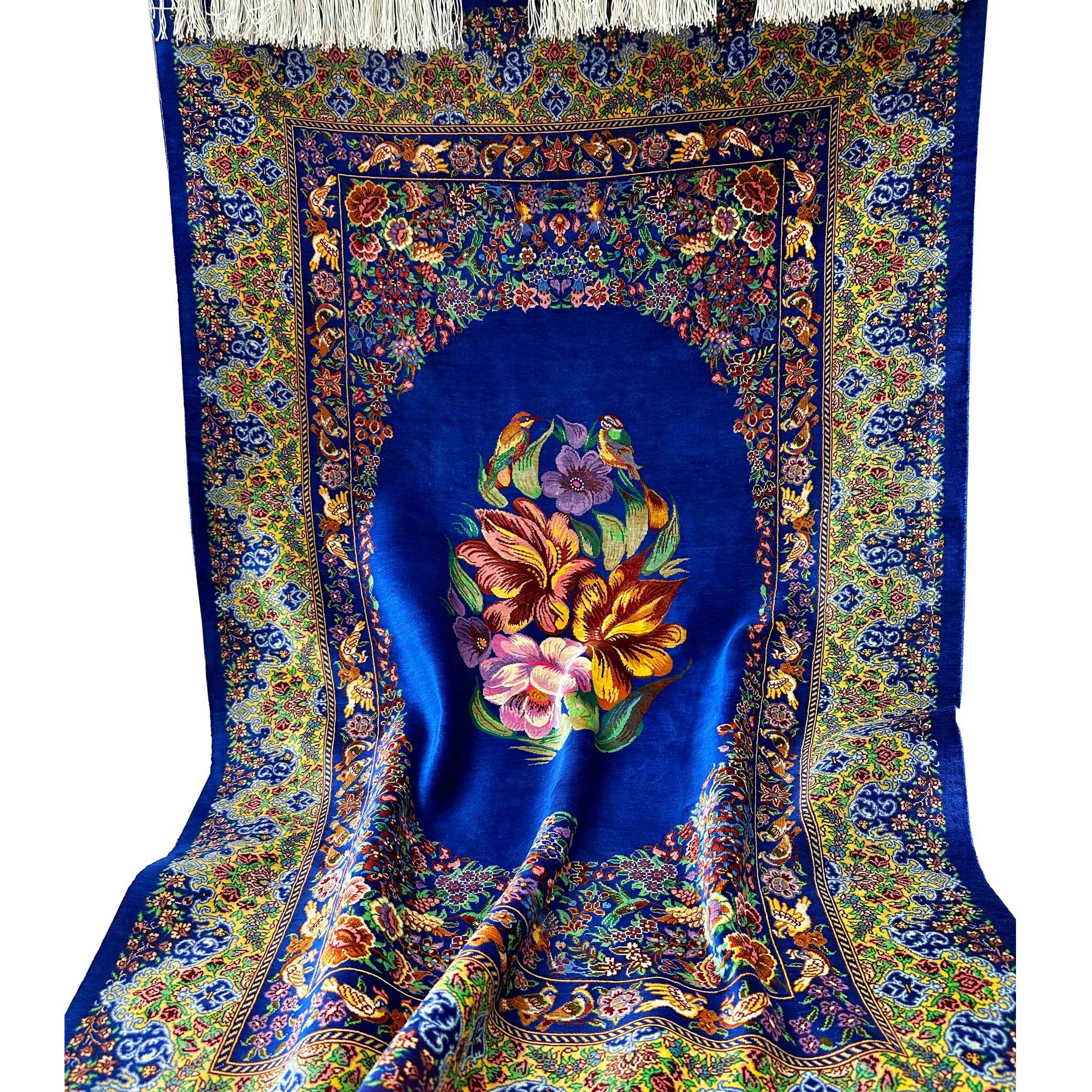 Tapis persan authentique en soie noué à la main à Ghom floral bleu