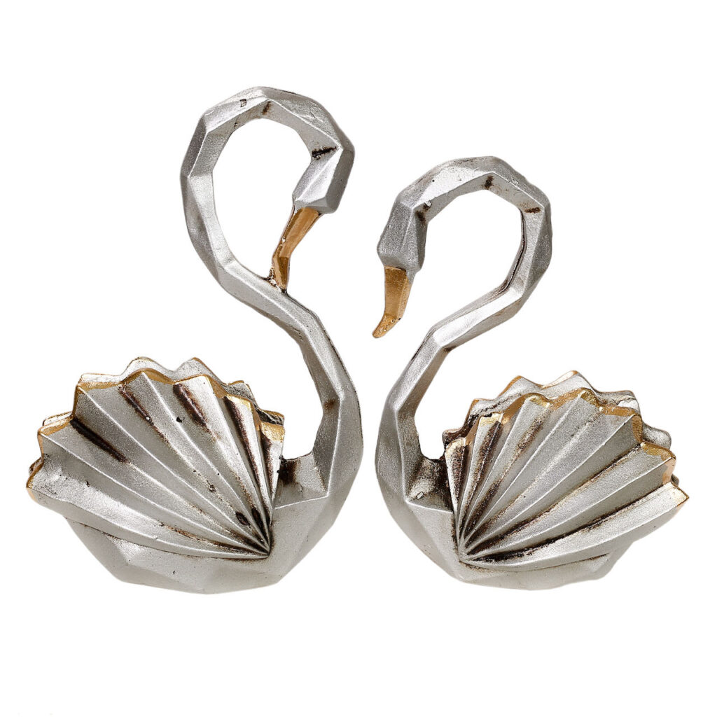 Ensemble de figurines géométriques de cygne cubisme argenté 2 pièces - Sculptures animales élégantes
