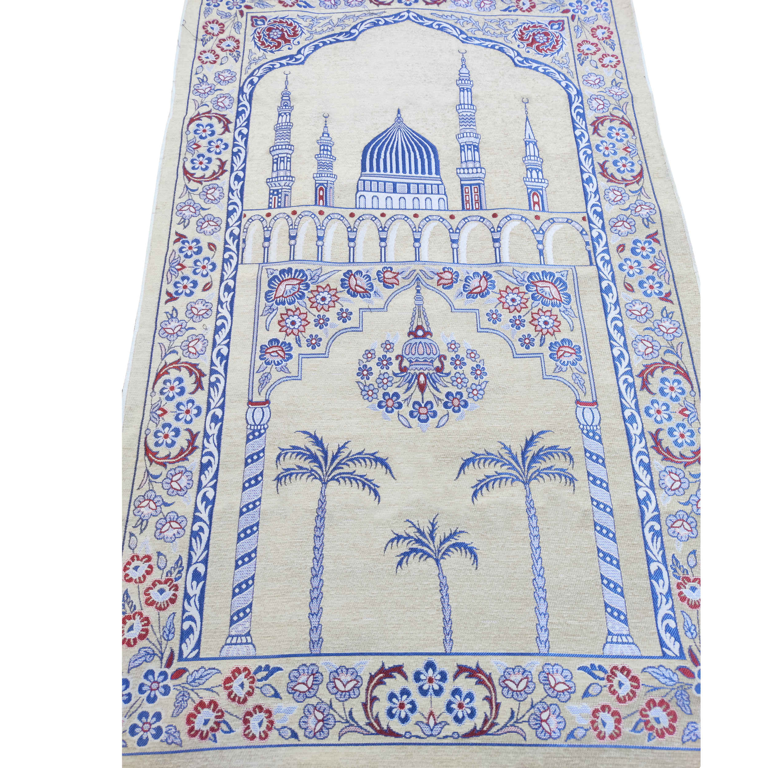 Tapis de Prière Islamique Rembourré en Velours avec Motif Minaret Crème et Bleu