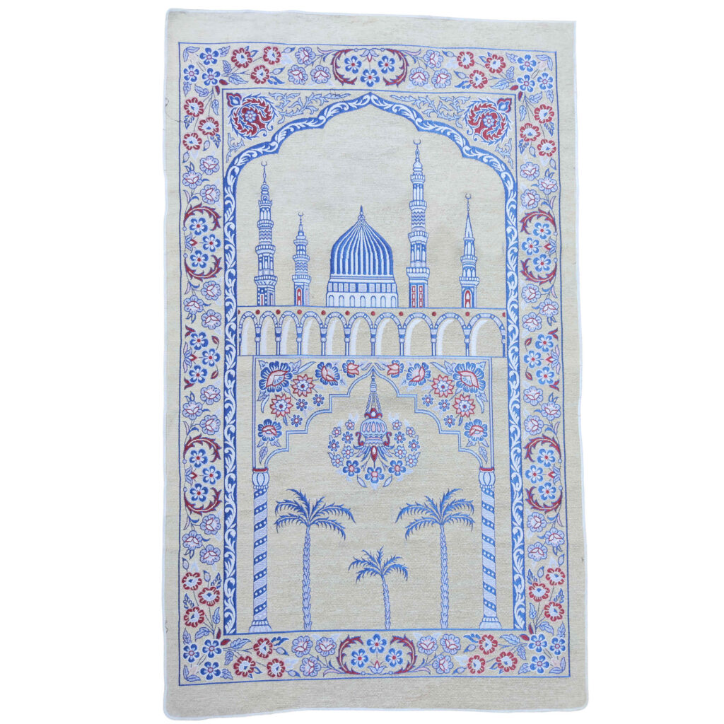 Tapis de Prière Islamique Rembourré en Velours avec Motif Minaret Crème et Bleu