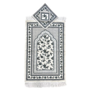 Tapis de Prière Islamique Rembourré en Velours avec Motif Floral Gris