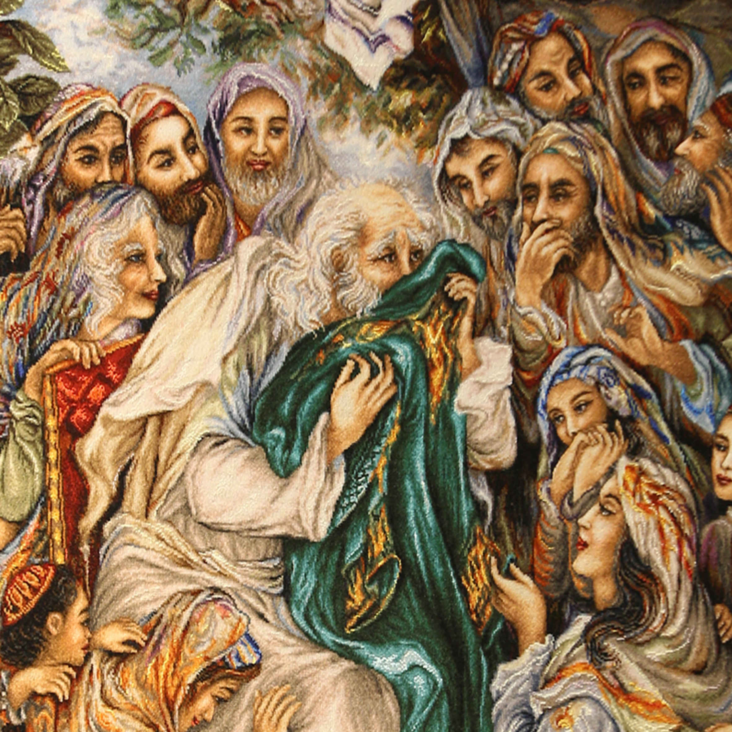 Tapis persan figuratif noué à la main de Tabriz représentant le prophète Joseph et la chemise parfumée de Jacob