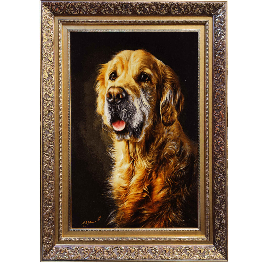 Tapis persan figuratif noué à la main de Tabriz représentant un golden retriever