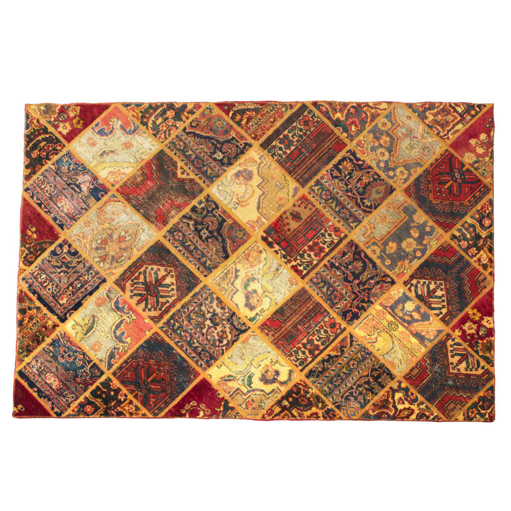 Tapis Persan Vintage Patchwork Noué à la Main Géométrique Crème & Rouge