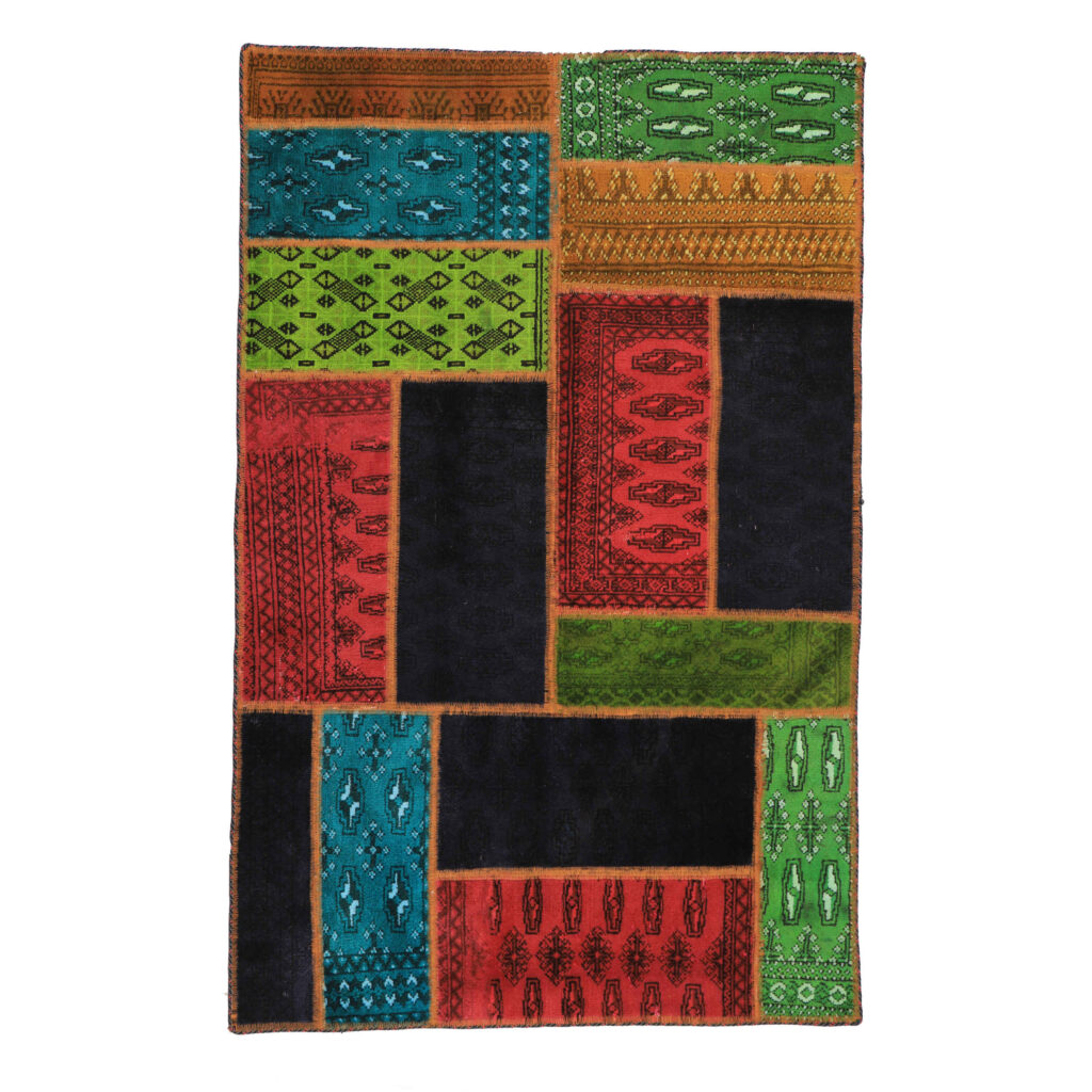 Tapis Persan Vintage Patchwork Noué à la Main Rouge & Noir