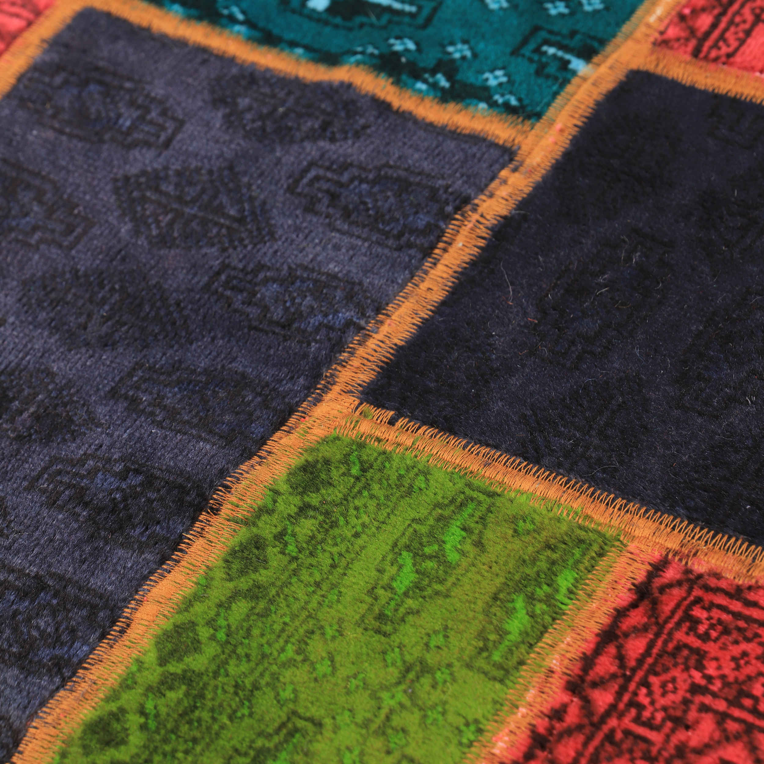 Tapis Persan Vintage Patchwork Noué à la Main Rouge & Noir