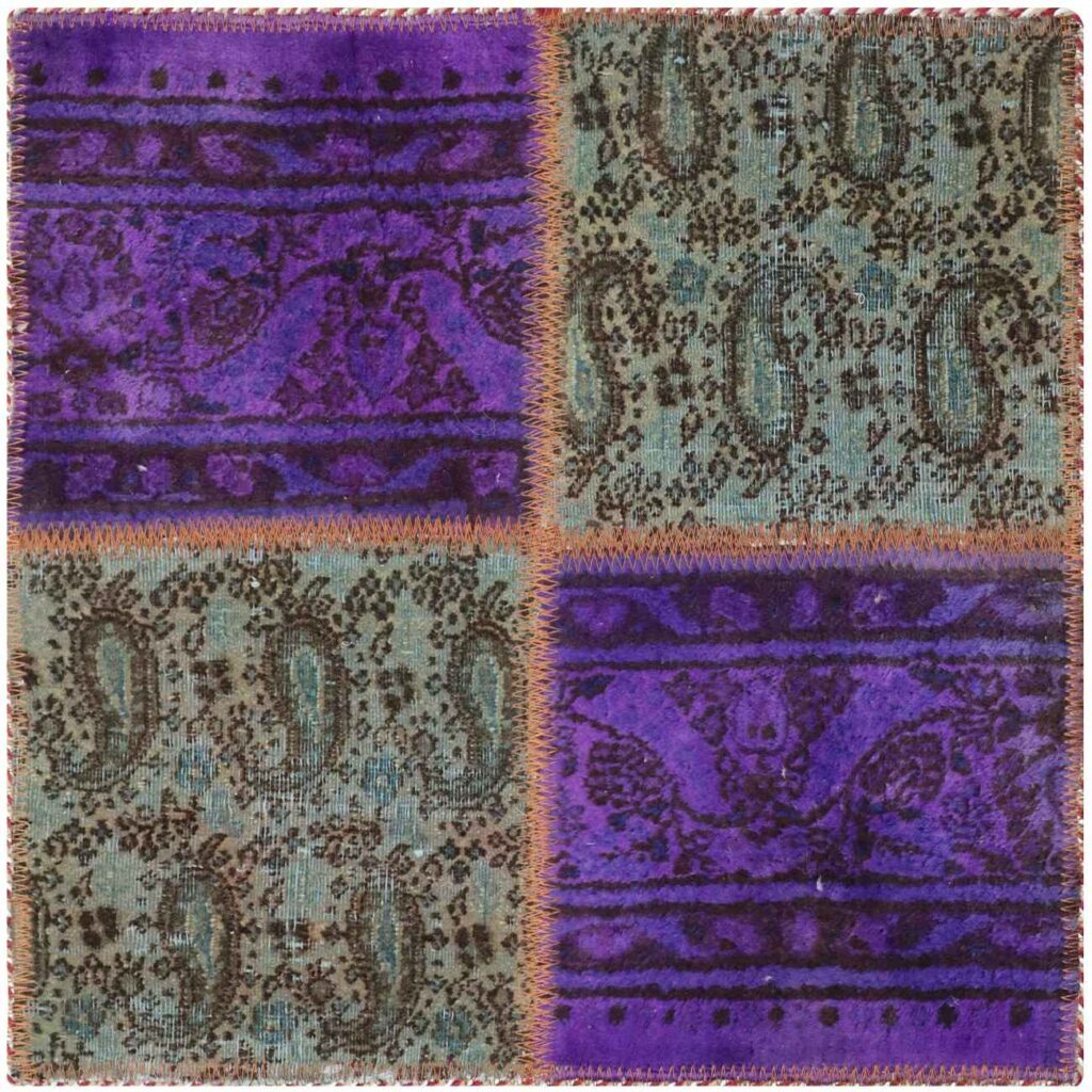 Tapis Persan Vintage Patchwork Noué à la Main Paisley Violet