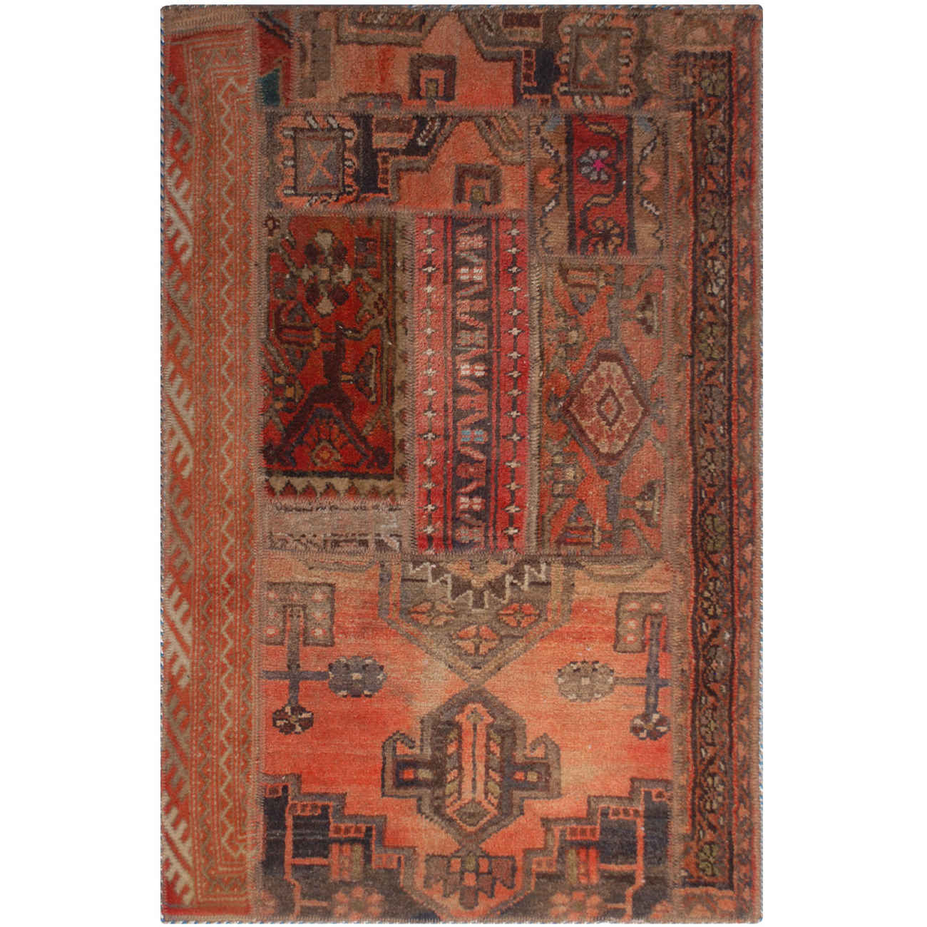 Tapis Persan Vintage Patchwork Noué à la Main Rouge Brique