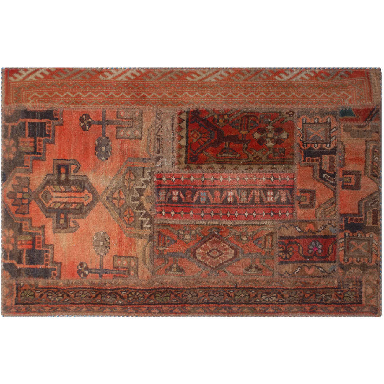 Tapis Persan Vintage Patchwork Noué à la Main Rouge Brique