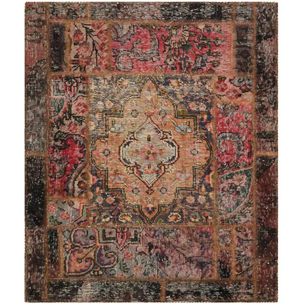 Tapis Persan Vintage Patchwork Noué à la Main Tabriz Orange