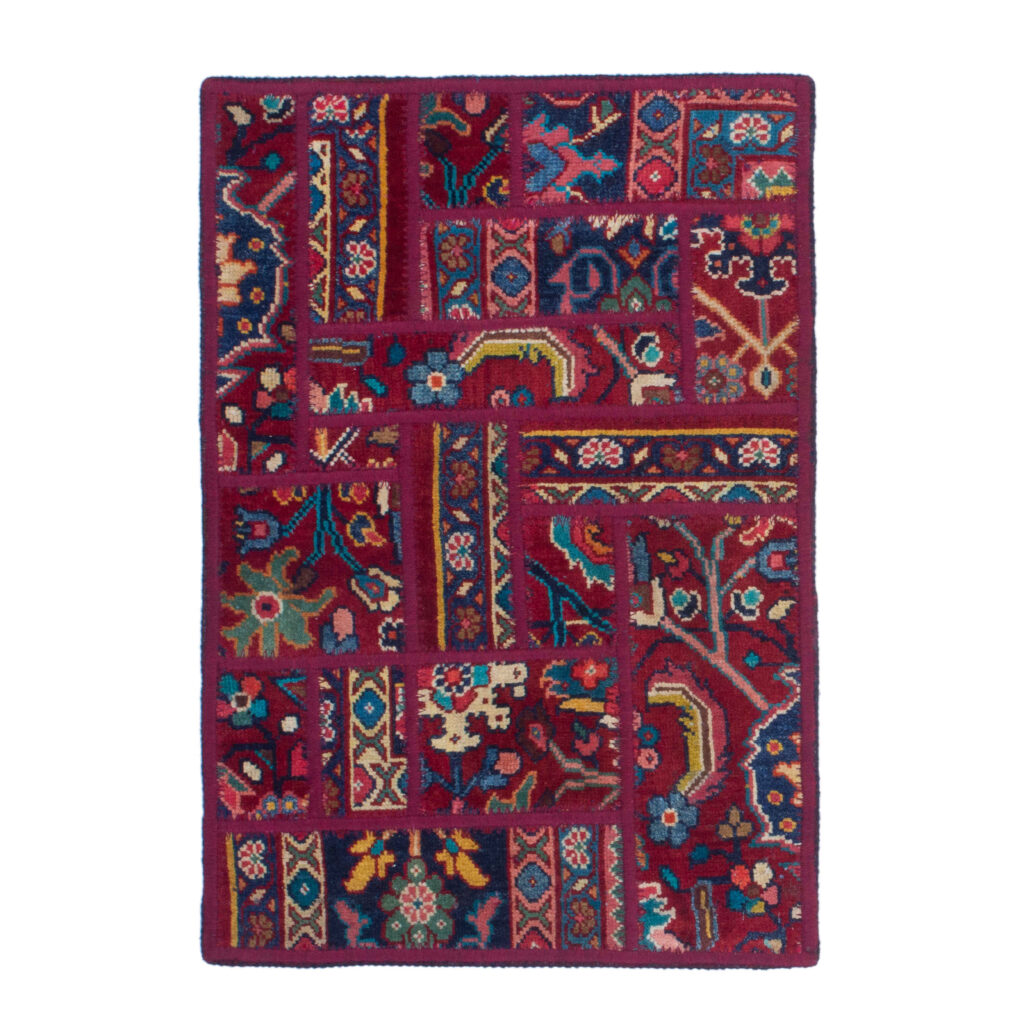 Tapis Persan Vintage Patchwork Noué à la Main Cramoisi