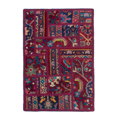 Tapis Persan Vintage Patchwork Noué à la Main Cramoisi