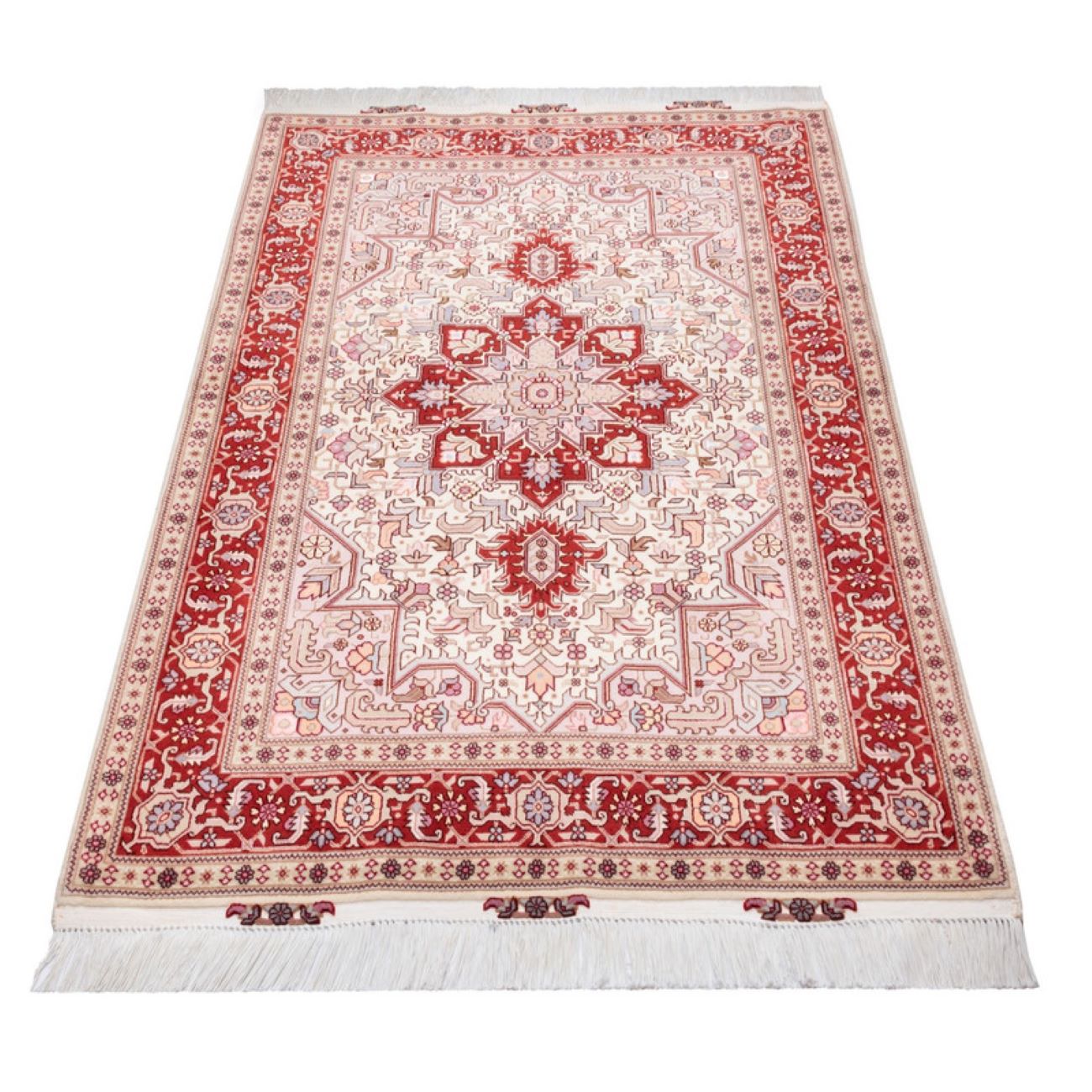 Tapis persan en soie noué à la main original à Tabriz Lachak Toranj rouge