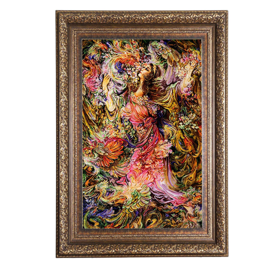 Tapis mural persan fait main de Tabriz représentant la miniature