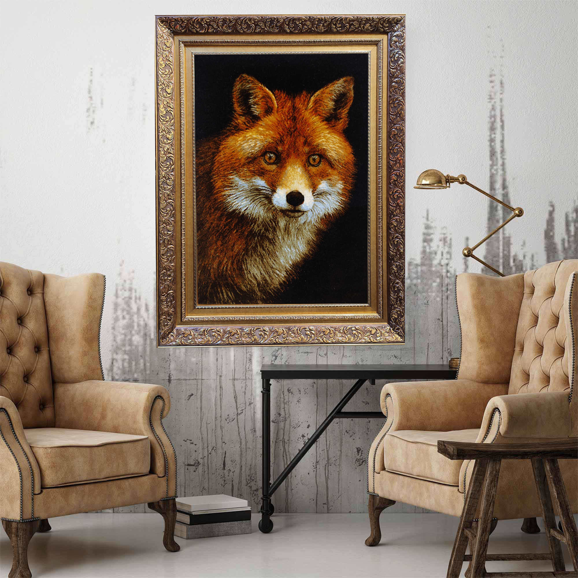 Tapis persan figuratif noué à la main de Tabriz représentant un renard roux