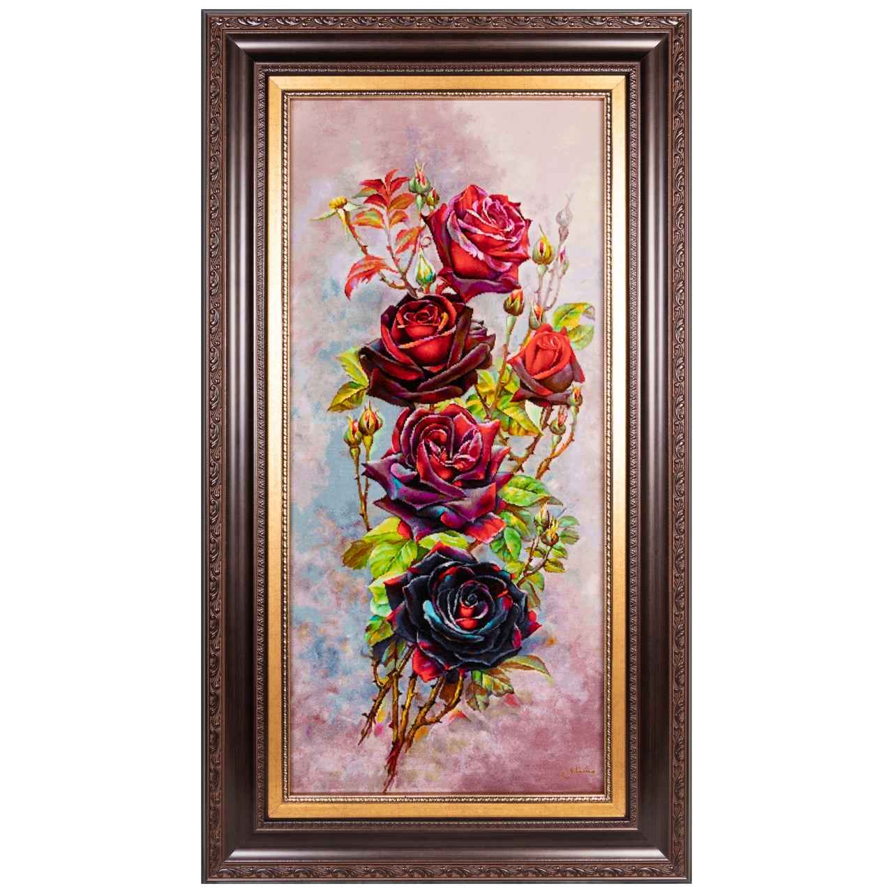 Tapis persan figuratif noué à la main de Tabriz représentant des roses