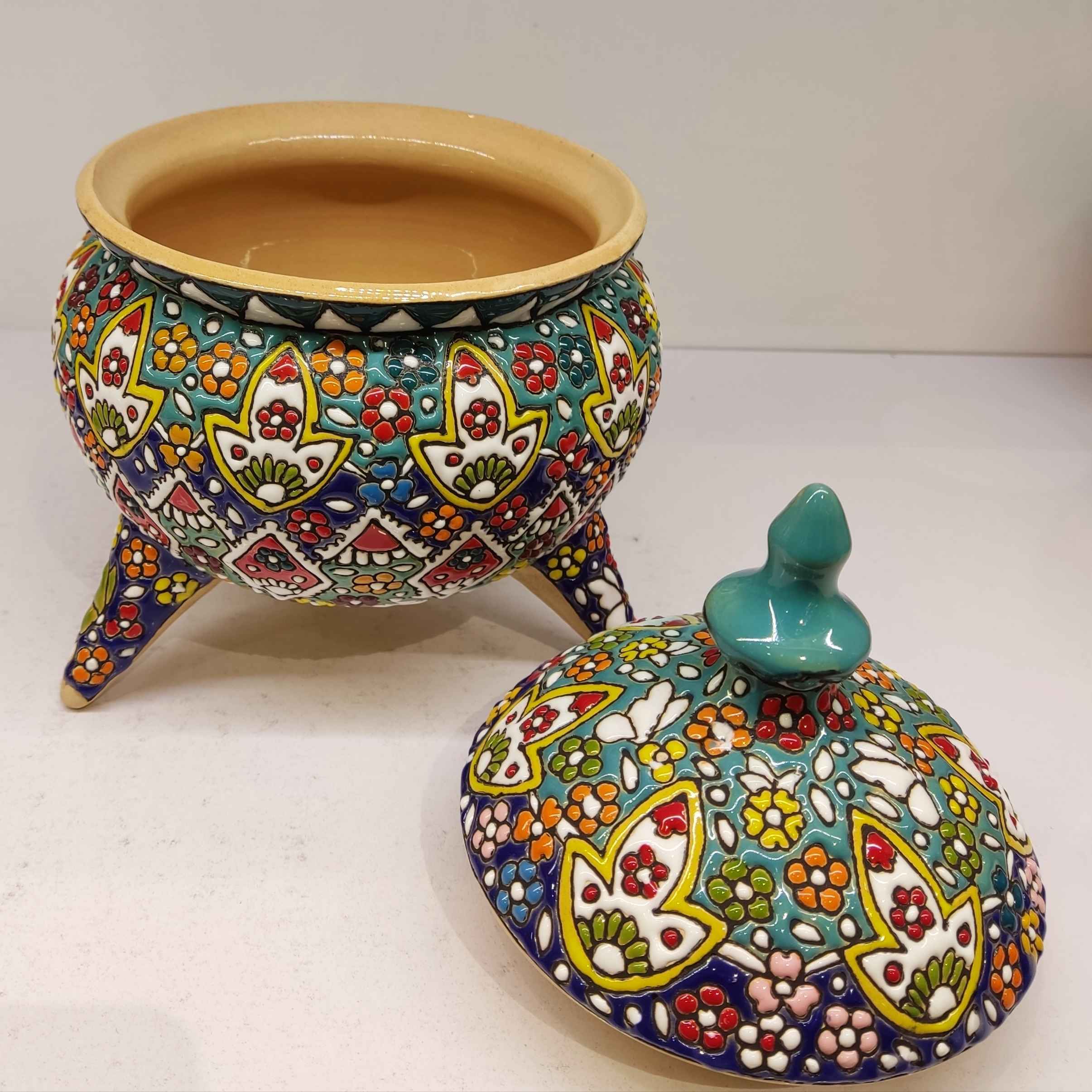 Sucrier en Poterie Persane Fait Main avec Couvercle – Minakari Émaillé Art Artistique