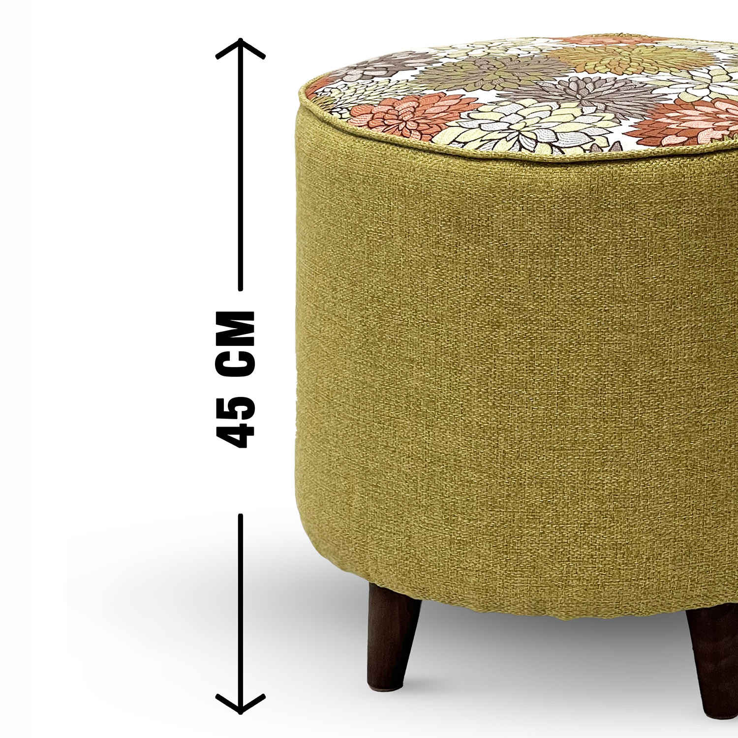 Pouf rond floral vert avec pieds en bois