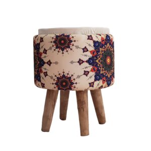 Pouf rond en velours avec pieds en bois et couleur crème pour chambre