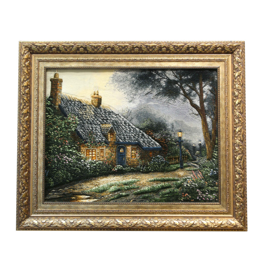 Tapis persan figuratif noué à la main de Tabriz représentant le cottage Foxglove de Thomas Kinkade