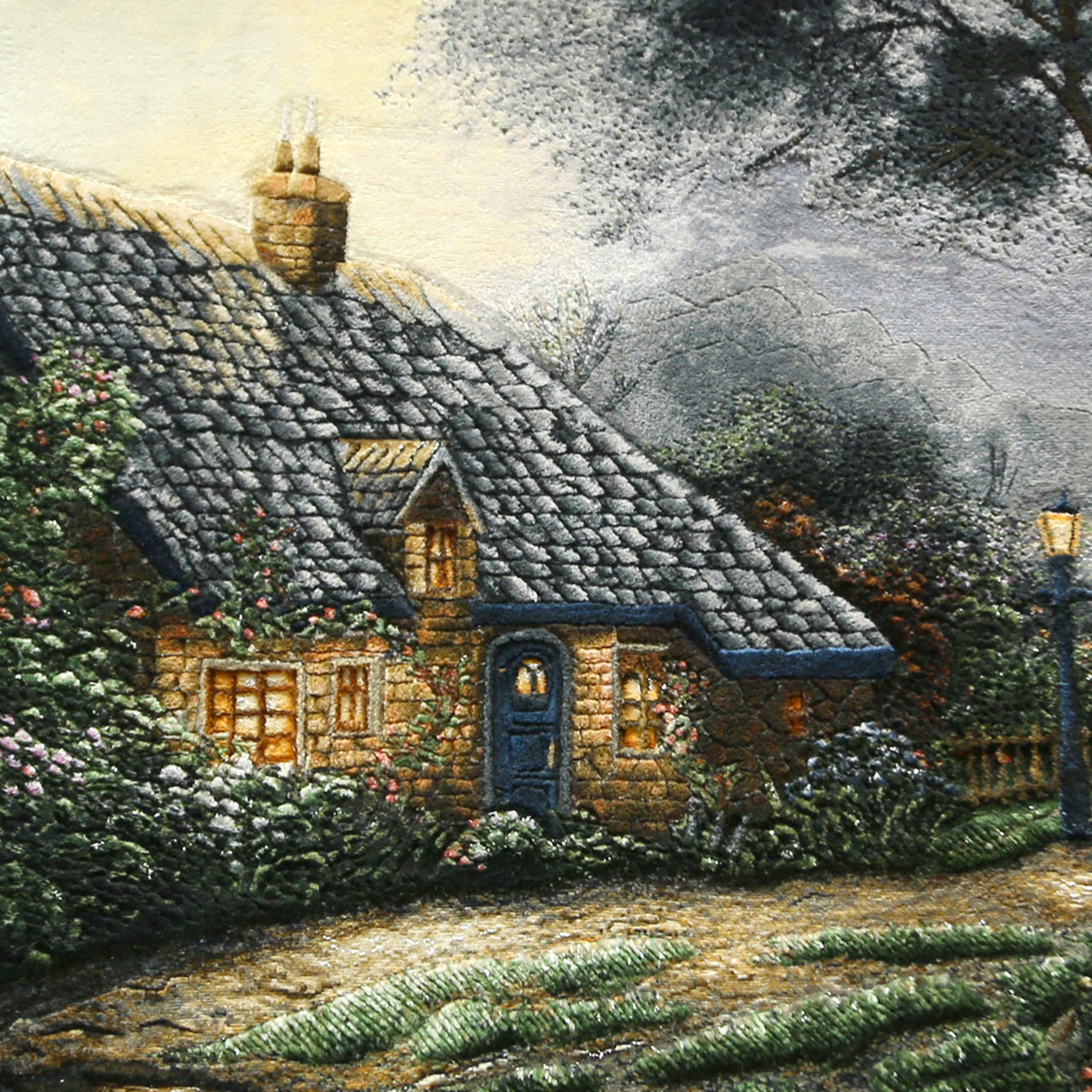 Tapis persan figuratif noué à la main de Tabriz représentant le cottage Foxglove de Thomas Kinkade