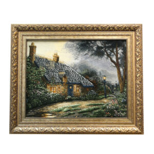 Tapis persan figuratif noué à la main de Tabriz représentant le cottage Foxglove de Thomas Kinkade
