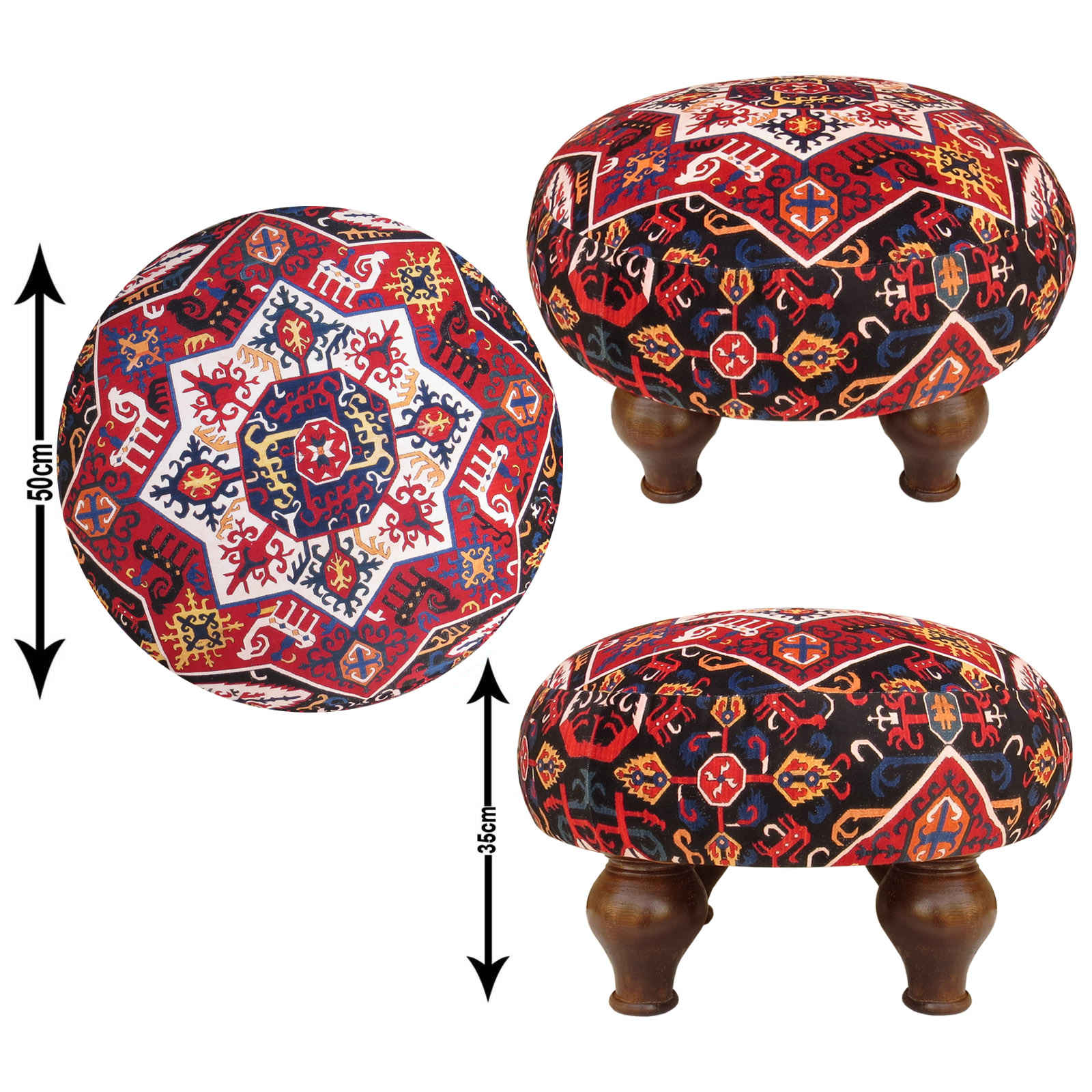 Pouf persan rouge traditionnel avec pieds en bois et tissu en velours