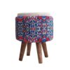 Pouf rond en velours avec pieds en bois et design floral persan bleu