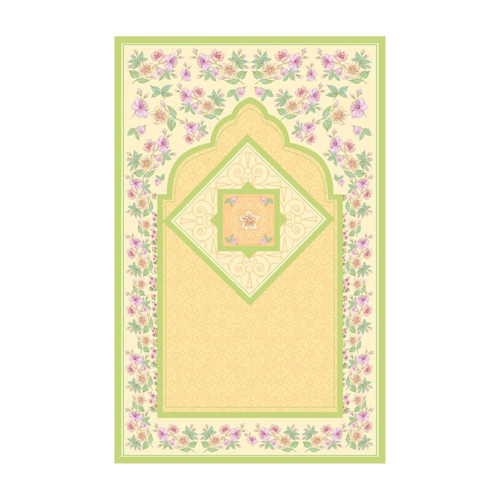 Tapis de Prière Islamique en Velours Jaune pour Musulmans avec Motif Floral
