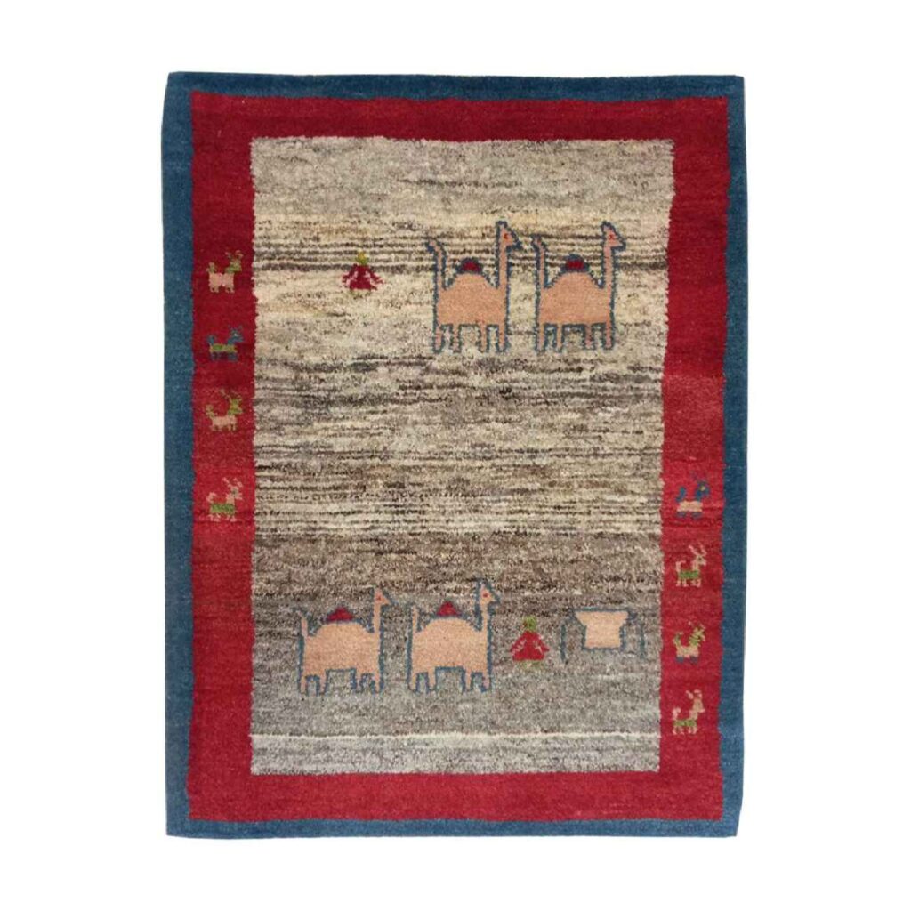 Tapis Gabbeh en laine persane authentique véritablement tissé à la main avec motif chameau