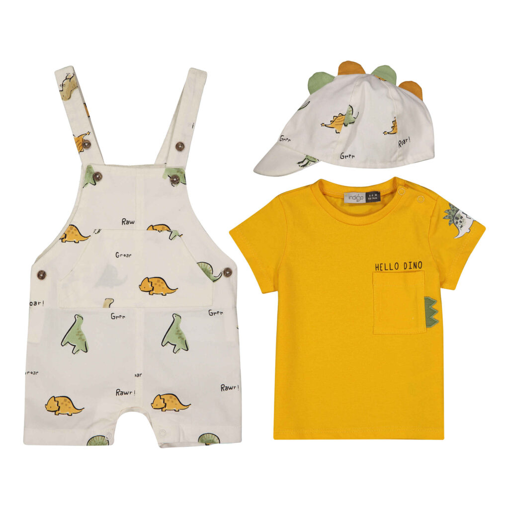 Ensemble salopette pour bébé de 3 pièces avec design Dinosaure