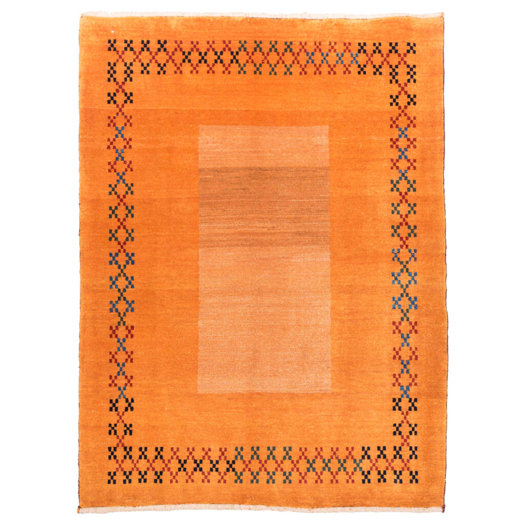 Tapis Gabbeh en laine persane véritablement tissé à la main en Fars bordé orange
